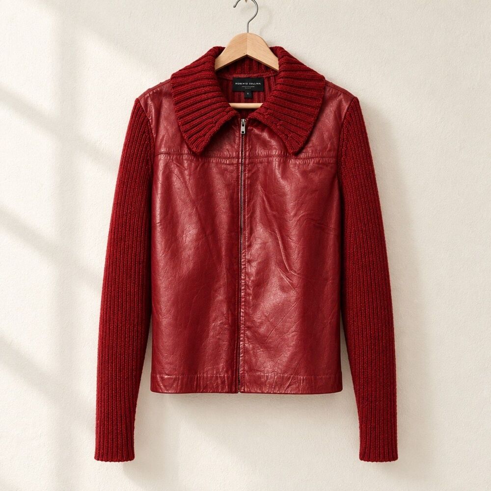 Red Leather & Knit Collar Zip Vintage Jacket by Maurice Sasson large petite